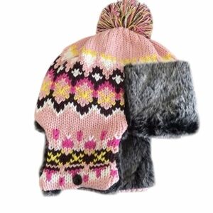 BP Pink Fair Isle Trapper Hat One Size – Faux Fur Lined Winter Ear Flap Hat NWT